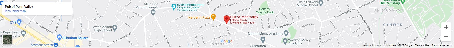 Map showing the location of The Pub of Penn Valley in Narberth, PA